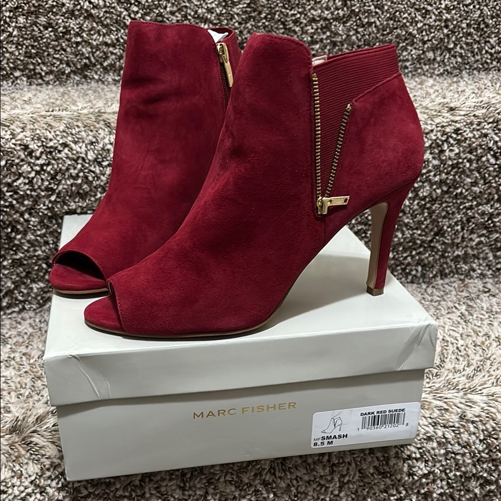 Marc Fisher Red Suede Heeled Boots with Peep Toe